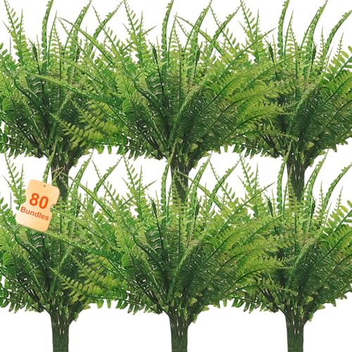 Coreland 80 Pcs Artificial Fake Boston Fern Plants Bushes Faux Plants Shrubs Greenery UV Resistant for House Office Garden Indoor Outdoor Décor - color: 80 Pcs