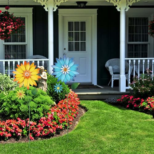YEAHOME Garden Decor for Outside, 35.4“ Set of 2 Metal Flowers Decorative Garden Stakes for Spring Decor, Yard Art Flower Stakes for Outdoor Lawn Backyard Porch Garden Decorations (Yellow, Blue) - color: Blue,yellow