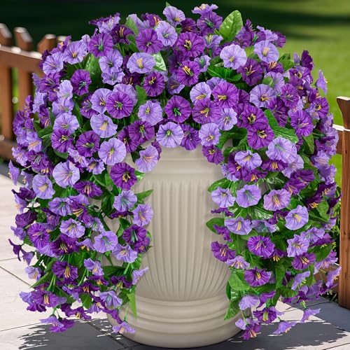 INXUGAO Artificial Fake Hanging Flowers Plants for Outdoor Decoration, 2PCS Faux Silk Morning Glory Long Vines Stems UV Resistant Look Real for Spring Summer Outside Home Porch Patio, Purple - color: Z-purple