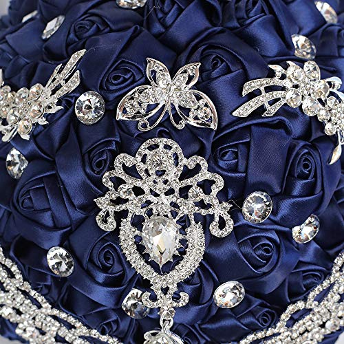 Handmade Luxury Wedding Bridal Bouquet Large Silk Rose Holding Toss Artificial Flowers Bouquets with Satin Ribbon Pearls Rhinestone for Bride Vintage Royal Wedding Bouquet (Navy Blue) - color: Navyblue