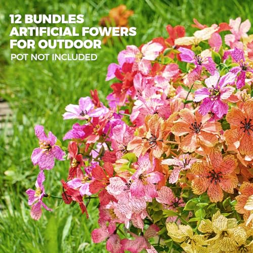 Artificial Flowers for Outdoors Patio Decoration 12 Bundles Fake Flower Cherry Blossom UV Resistant Faux Plants Yard Garden Porch Home Boxwood Patio Decor, Mix Pink Purple Yellow Orange Red Flower - color: B 6 Mix Colors Cherry Blossom 12pcs