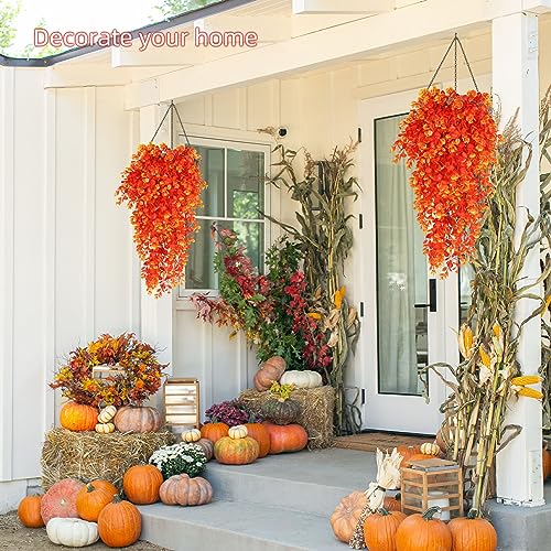 RECUTMS Fall Artificial Flowers Fake Hanging Eucalyptus Leaf Plants 4Pcs 2.7Ft Fake Plastic Plant for Home Room Garden Patio Indoor Outdoor Shelf Office Front Porch Thanksgiving Party Greenery Decor - color: Gold