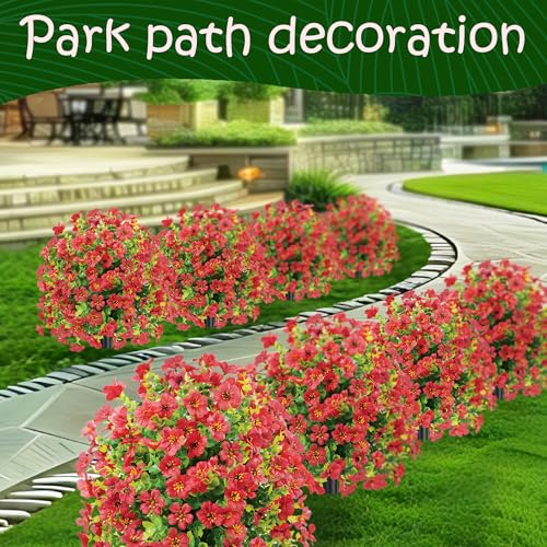 23" Set of 2 Spring Artificial Boxwood Topiary Ball Tree with Spikes,UV Resistant Fake Outdoor shrubs with Violet Flowers, Realistic Faux Plants Bushes for Garden Front Porch Yard Patio (Red)
