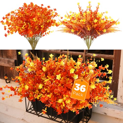 Artificial Fall Flowers for Outdoors,36 pcs Faux Outdoors Plants Realistic Artificial Autumn flower UV Resistant for outside Look Real Fake Plants for Thanksgiving Porch Decor Window planters wedding - color: Fall Red ＆ Yellow（with Fall Ferns）, size: 36 p