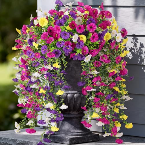 Artificial Hanging Petunias Flowers for Outdoor, 8pcs Fake Plants Long Vine Morning Glory Eucalyptus, UV Resistant Realistic Faux Greenery Outside Patio Porch Garden Spring Summer Decor, Mix Color - color: Purple Yellow White