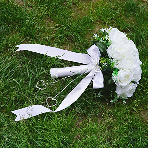 LEIFENY Wedding Bouquets for Bride, White Bridal Bridesmaid Wedding Flowers with Silk Ribbon and Rhinestones, Artificial Toss Rose for Civil Ceremony
