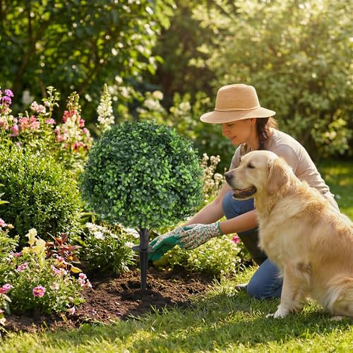 Dense Leafy Artificial Boxwood Topiary Ball Trees 24 Inch, Set of 2 Fake Plants Outdoor with Ground Spike, UV Resistant Faux Boxwood Bushes for Garden Patio Front Porch Decor - color: Boxwood