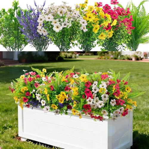 12 Bundles 6 Styles Artificial Flowers for Outdoors, Fake Plants Flower UV Resistant No Fade Colorful Flowers Plastic Plants Daisy Lavender Boston Fern Faux Greenery for Outside Garden Porch Decor - color: White&yellow&rose Red, size: 12PCS