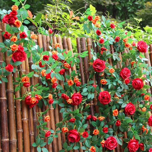 2 PCS 12FT Bendable Flower Garland, Artificial Rose Vine Hanging Floral Garland Decoration for Weding Home Room Wall Decor (Red) - color: Red, size: 2pcs