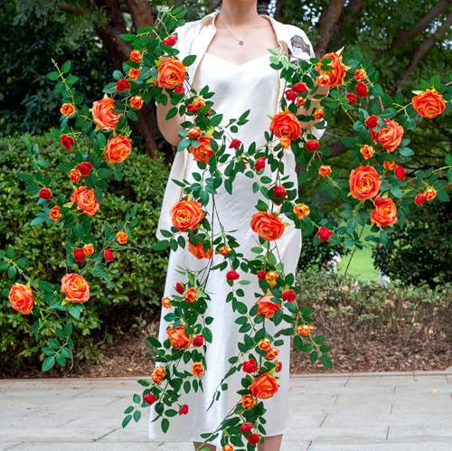 2 PCS 12FT Bendable Flower Garland, Artificial Rose Vine Hanging Floral Garland Decoration for Weding Home Room Wall Decor (Orange, 2pcs) - color: Orange, size: 2pcs