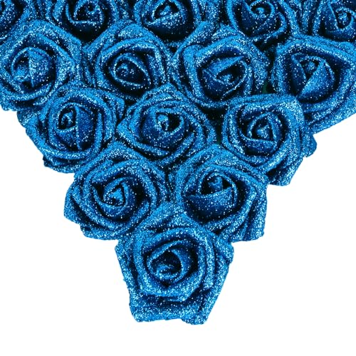 IPOPU Fake Roses,25PCS Blue Roses Glitter Roses Artificial Roses with Stems for Cake Wedding Bouquet Home Party Decoration(Blue) - color: Blue