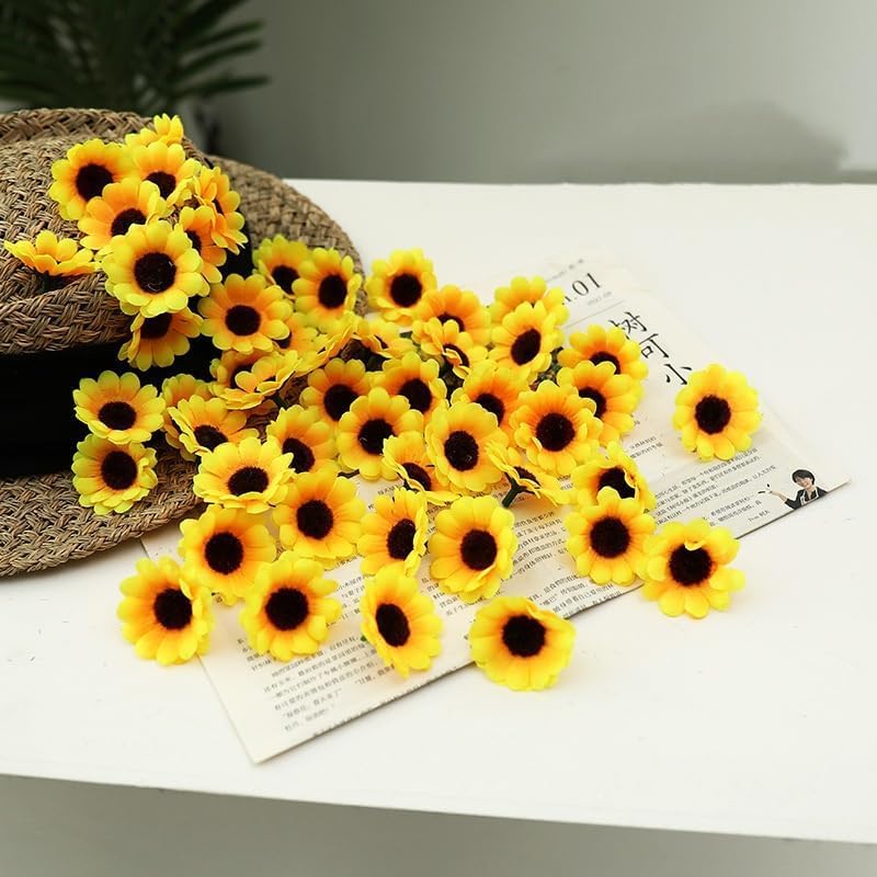 Jowxsx 100 Pieces Mini Artificial Sunflower Heads, Yellow Fabric Flowers, Wedding Wreath Craft Decor, Artificial Plants and Flowers, Realistic Faux Flower, for Planter Porch Patio Yard Balcony