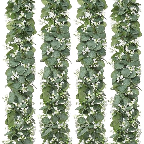 KHOYIME Eucalyptus Garland with White Flowers, 4 Packs 5.9Ft Artificial Silver Dollar Eucalyptus Leaves Plant Fake Greenery Hanging Ivy Vines Faux Wreath for Wedding Arch Party Mantle Table Home Decor - color: 4pcs