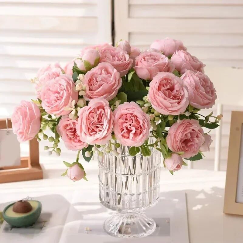 30cm Rose Pink Silk Bouquet Peony Artificial Flower 5 Big Head 4 Small Bud Bride Wedding Home Decoration Artificial Flower (Pink) - color: Pink