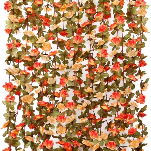 KHOYIME 9 Pack 72 FT Artificial Flower Garland, Fake Orange Roses Vines Silk Flowers Faux Plastic Outdoor Hanging Floral Garland Fall Autumn Decoration for Indoor Table Home Wall Backdrop Room Decor - color: Orange, size: 9pcs