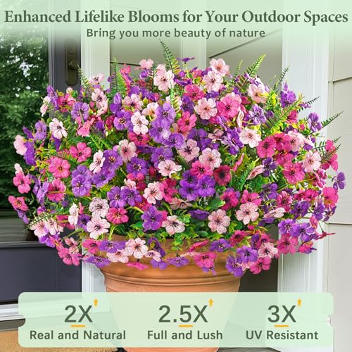 Yastouay 12 Bundles Artificial Flowers for Outdoors, UV Resistant Artificial Outdoor Flowers No Fade Fake Outdoor Flowers Plants for Garden Porch Window Box Pot Planters Decor (Mixing+Fern A) - color: Fuchsia+pink+rose Red+fern, size: 12 Bundles