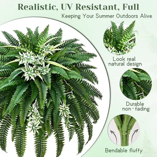 Livole 60" Large Fake Ferns, 118 Branches Artificial Ferns for Outdoors Faux Boston Fern Realistic UV Resistant for Planter Indoor Home Garden Porch Hanging Decor, 1Pcs - size: 60"-118 Branches-1 Pcs