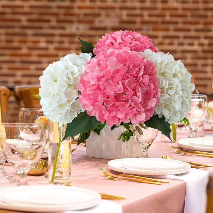 JINWOE Hydrangea Artificial Flowers, 4Pcs 22" Large Lifelike Faux Flowers, Full Fake Artificial Hydrangeas with Stems for Bouquet Table Centerpieces Home (Fuchsia) - color: Bright Pink