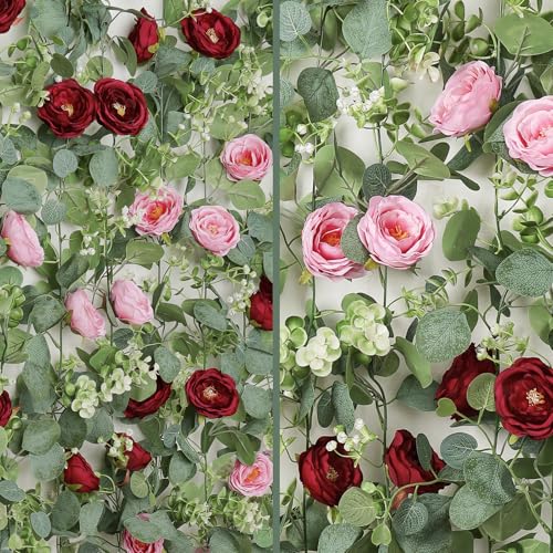 TOCHGREEN 4 Pack Artificial Eucalyptus Flower Garland with Red and Pink Roses, Fake Rose Flower Greenery Garland Floral Vines for Wedding Home Party Table Runner Decor (Red Pink, 4PCS) - color: Red Pink, size: 4PCS
