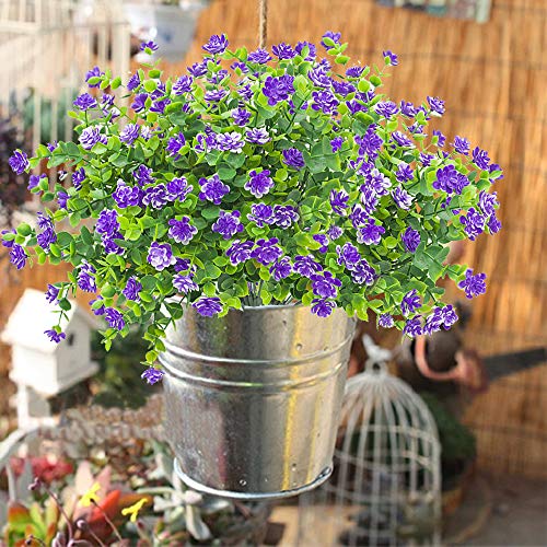 Grunyia 10 Bundles Artificial Fake Flowers, Faux Outdoor Plastic Plants UV Resistant Shrubs Outside Indoor Decorations (Blue-Eucalyptus) - color: Blue-eucalyptus