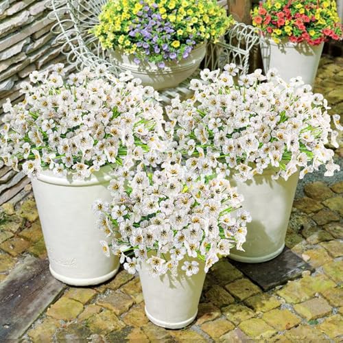 Krissing 48 Bundles Outdoor Artificial Flowers UV Resistant Fake Silk Flowers Faux Plastic Plants Outside Garden Porch Window Box Summer Decoration (White) - color: White