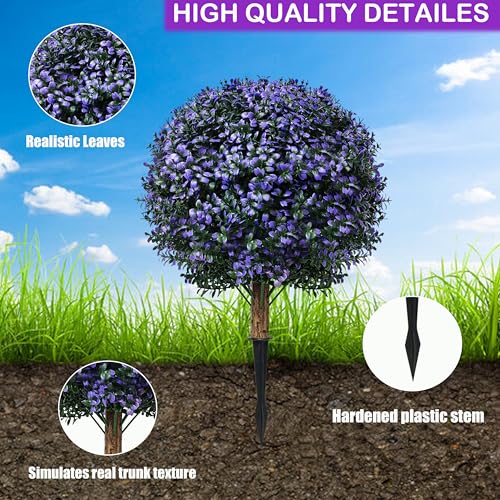 THKFUL Artificial Boxwood Topiary Ball Tree Outdoor Set of 2,Faux Bushes Plants with Spike,Artificial Boxwood Ball Fake Shrubs with Stake UV Resistant for 4th of July Outdoor Planter Garden D17 - style: Purple Boxwood