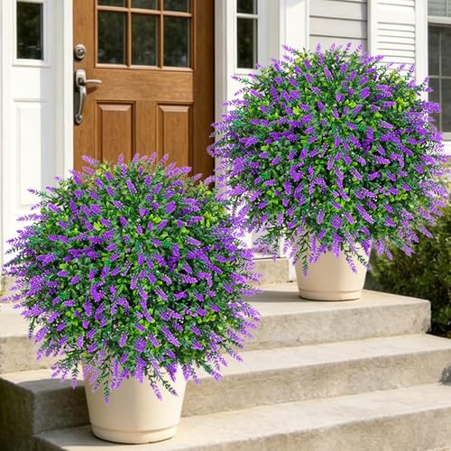 2PCS Faux Boxwood Plants Outdoor Artificial Topiary Ball Trees | Fake Lavender Bush & Shrub / UV Resistant / No Fade / Sturdy Build / No Maintenance / with Spike / Front Porch Decor - color: Lavender