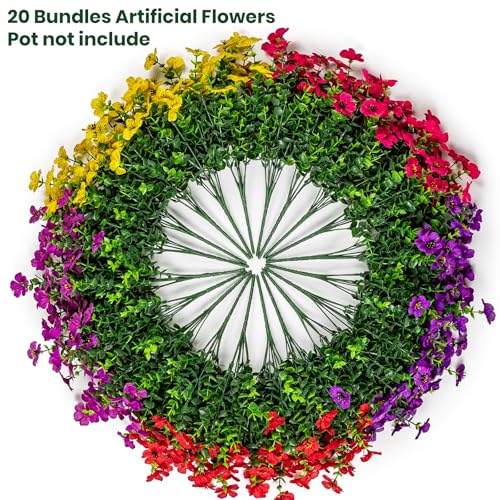 Lnoicy 20 Bundles Artificial Fake Flowers Faux Eucalyptus Flowers for Outdoor Outside,Fake Plants UV Resistant for Porch/Garden/Home Decoration（5 Color） - color: 5 Mix Color