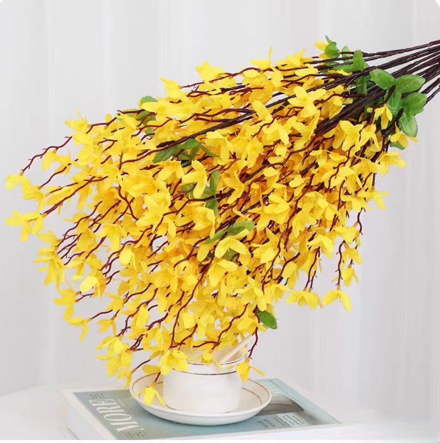 Artificial Silk Forsythia Flower Branches Jasmine Flowers Yellow Silk Fake Winter Jasmine Orchids Flowers for Indoor Outdoor DIY Floral Arrangement Wedding Party Home Office Decorate - color: Yellow-1