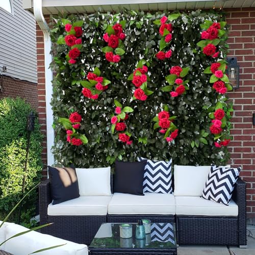 Sumery Expandable Fence Privacy Screen for Balcony Patio Outdoor,Decorative Faux Ivy Fencing Panel,Artificial Hedges (Single Sided Leaves) (1, Branches -Red Rose) - color: Branches -Red Rose