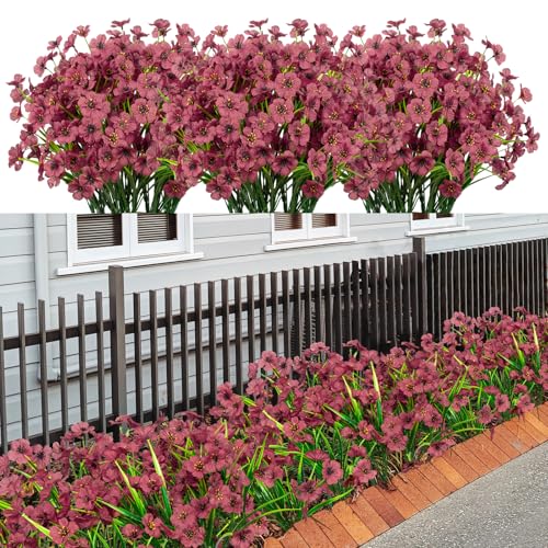 LikSoor 21 Bundles Artificial Outdoor UV Resistant Flowers No Fade Fake Outside Flowers Plastic Greenery Faux Shrubs Garden Porch Window Box Home Decoration (Wine Red) - color: Wine Red
