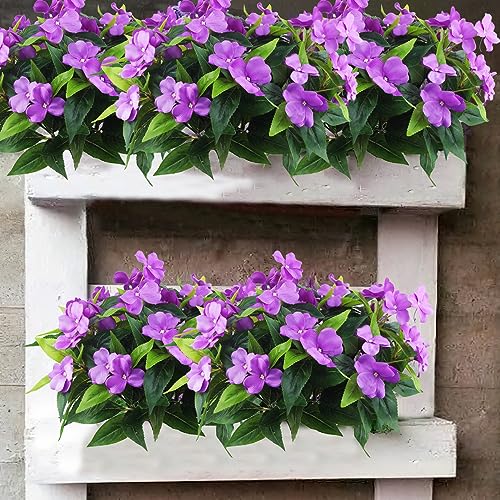 2 Pcs Artificial Impatiens Flowers for Outdoors Faux Impatiens Bushes Purple Silk Flowers Greenery Faux Flowers for Outdoor Planters Patio Lawn Garden Balcony Pot Hanging Basket Porch Decor - color: Purple