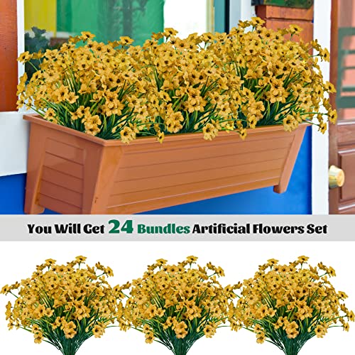 Lnoicy 24 Pcs Artificial Flowers for Outdoor,Plastic Flowers Decoration, UV Resistant Faux Flowers Shrubs, Artificial Plants for Indoor Outside Garden Home Wedding Farmhouse(Yellow) - color: Yellow, size: 24