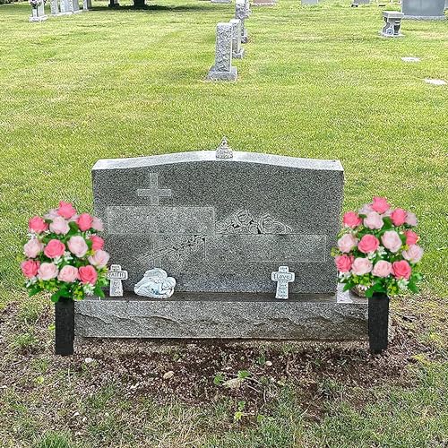 Artificial Cemetery Flowers, Set of 2 Grave Memorial Flowers with Vase, Artificial Rose Bouquet for Cemetery Headstones Gravesites Decoration (Pink) - color: Pink