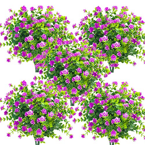 Grunyia 10 Bundles Artificial Fake Flowers, Faux Outdoor Plastic Plants UV Resistant Shrubs Outside Indoor Decorations (Purple-Eucalyptus) - color: Purple-eucalyptus