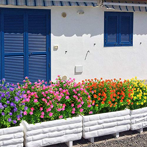 8 Bundles Outdoor Artificial Fake Flowers UV Resistant No Fade Boxwood Faux Plastic Plants for Garden Patio Porch Window Box Home Wedding Farmhouse Décor (Pink) - color: Pink