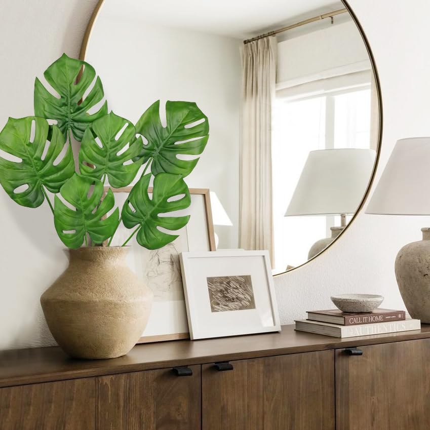 Hollyone 6 Pack Artificial Monstera Leaves with Stems Real Touch Faux Monstera Turtle Safari Leaf Fake Palm Tropical Plants for Vase Hawaiian Luau Party Jungle Beach Table Home Wedding Kitchen Decor - color: Monstera #1, size: Leaves Stem