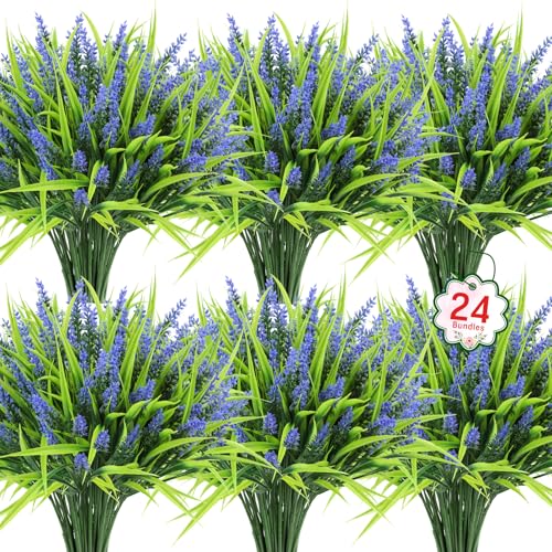Ouddy Decor 24 Bundles Artificial Flowers for Outdoors, Fake Lavender Flowers Monkey Grass Faux Plastic Plants Shrubs UV Resistant for Porch Garden Window Box Office Home Decorations, Purple - color: Purple