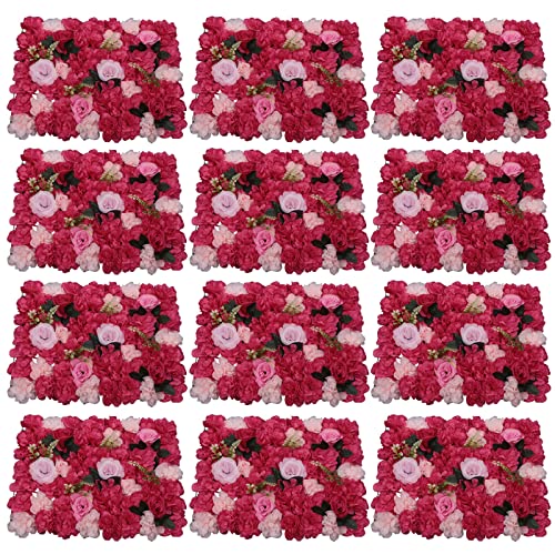 12 Pcs Artificial Flower Wall Panels Silk Dahlia Rose 3D Faux Flower Backdrop Panels Background Decorative for Wedding Celebrations Festive Party Home, 23.62 * 15.74in (Red) - color: Red