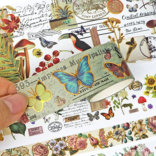 37 Rolls Vintage Washi Tape Set - Decorative Tape Floral Butterfly Mushroom Botanical,Adhesive Tape for Journaling Supplies,Scrapbooking,Junk Journal Supplies5/8/10/15/30/75mm Wide9.84ft Long/Roll