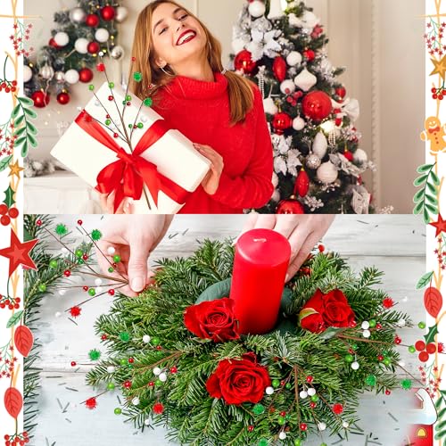 Sggvecsy 6Pcs Artificial Berry Stems 16inch Christmas Tree Picks Red Green White Berry Picks Fake Christmas Berry Branches for Floral Arrangements Christmas Tree Holiday Home Xmas DIY Crafts Decor - color: Green and Red