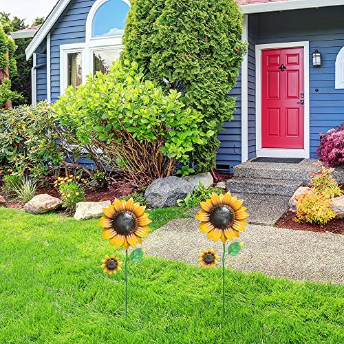 YEAHOME Garden Decor for Outside, 2 Pack 22.4“ Sunflower Garden Stakes Spring Decor, Metal Flowers with Shaking Head Yard Art for Outdoor Yard Lawn Patio Decoration - color: Yellow