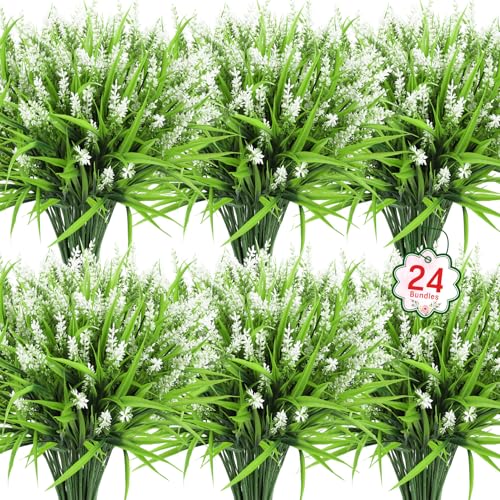 Ouddy Decor 24 Bundles Artificial Flowers for Outdoors, Fake Lavender Flowers Monkey Grass Faux Plastic Plants Shrubs UV Resistant for Porch Garden Window Box Office Home Decorations, White - color: White