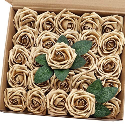 Artificial Flowers 25PCS Real Looking Gold Roses Fake Roses with Stem for DIY Wedding Bouquets Centerpieces Party Baby Shower Home Decorations - color: Gold, size: 3"/25pcs