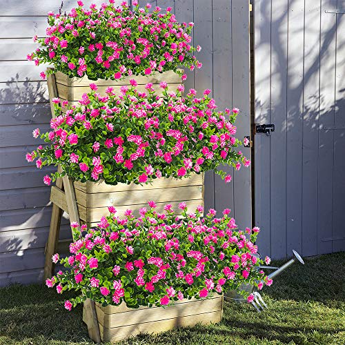 Grunyia 10 Bundles Artificial Fake Flowers, Faux Outdoor Plastic Plants UV Resistant Shrubs Outside Indoor Decorations (Pink-Eucalyptus) - color: Pink-eucalyptus