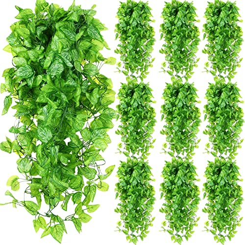 Hoteam 12 Pcs Artificial Hanging Plants 32 Inch Fake Ivy Vines with Fake Leaves Patio Artificial Plants Greenery for Living Room Indoor Outdoor Wall, No Basket (Marble Queen Pothos) - color: Marble Queen Pothos