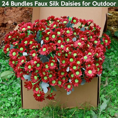 24 Bundles Artificial Daisy Flowers for Outdoor - Fake Mums Faux UV Resistant Daisies Plants Florals for Home Garden Patio Front Porch Outside Decorations - Red