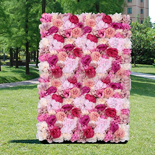 6 Pcs Flower Wall Panels, 23.6"x15.7" Artificial Flower Wall Backdrop Fuchsia Floral Panel with 3D Rose, Dahlia, Peony, Chrysanthemum for Wedding Party Nursery Home Decor - color: 6pcs Rose+dahlia+peony+chrysanthemum