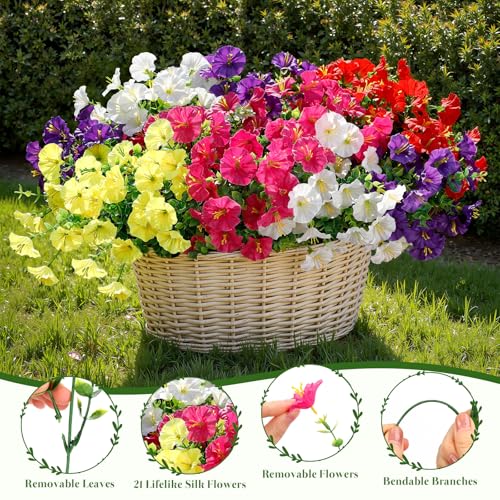 Alupssuc 24 Bundles Artificial Flowers for Outdoors Spring Decoration, UV Resistant Faux Petunia Silk Morning Glory with Eucalyptus Realistic Fake Flowers for Yard Planter Porch Garden, 5 Colors - color: Red, Fuchsia, Deeppurple, Yellow, White