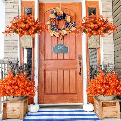Grunyia 20 Bundles Artificial Fall Flowers Outdoor,No Fade Fake Plastic Flowers,Faux Autumn Plants for Indoor Outside Garden Porch Window Box Home Wedding (Fall Orange) - color: Fall Orange